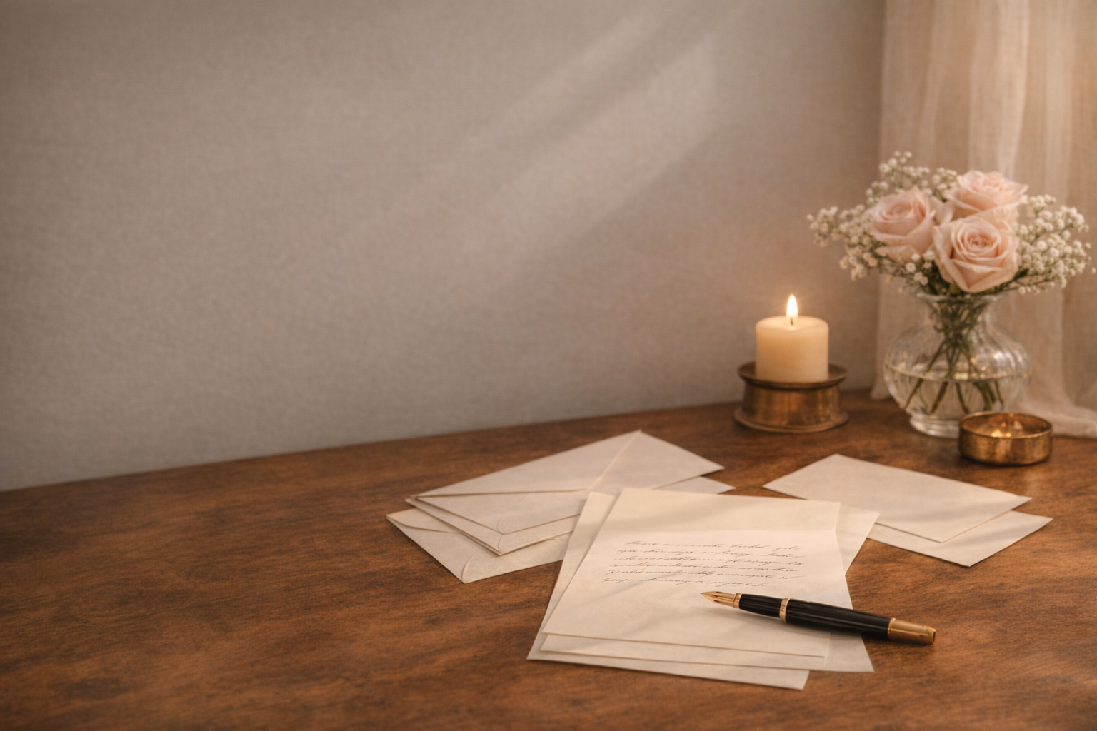 Handwritten letter, envelopes, candlelight, and flowers arranged on a wooden desk