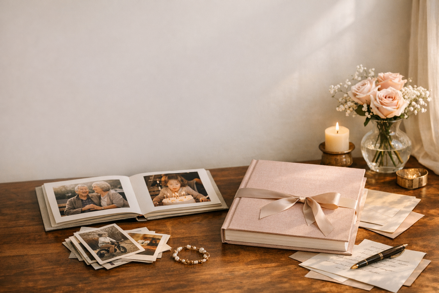 Keepsake memory book with family photos and handwritten notes arranged on a wooden table